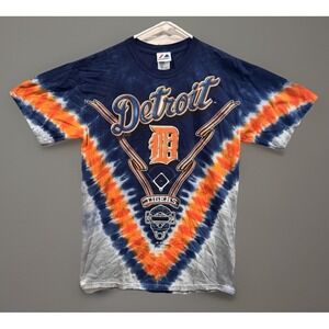 VTG Majestic Detroit Tigers Tie Dye T Shirt M Blue Orange Gray MLB Baseball Tee